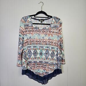 🦃 Absolutely Famous Top Blouse Sheer Blue Chiffon Handkerchief Hem Size Large